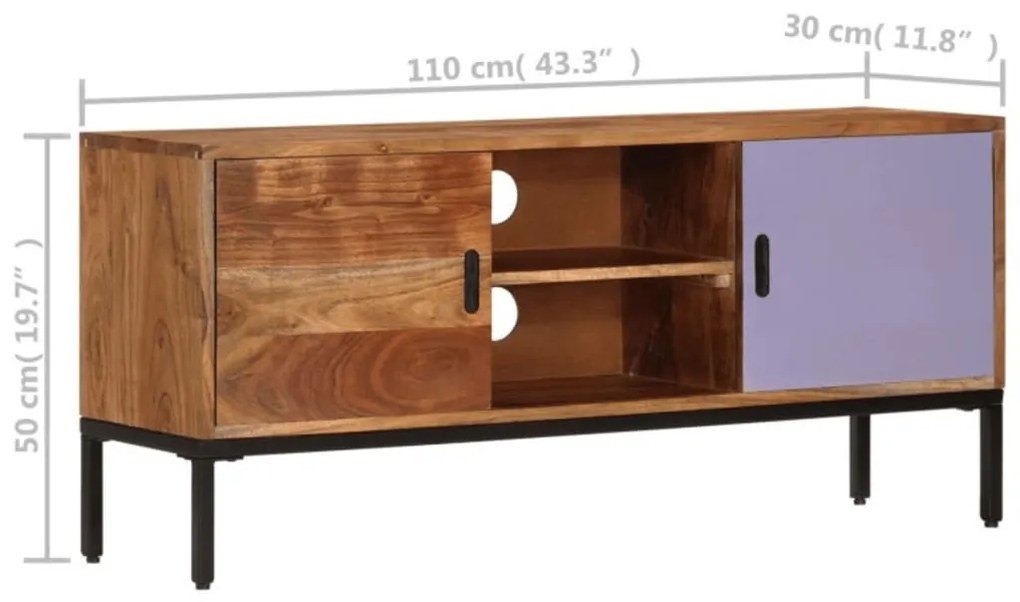 Móvel TV 110x30x50 madeira acácia maciça castanho mel e cinza