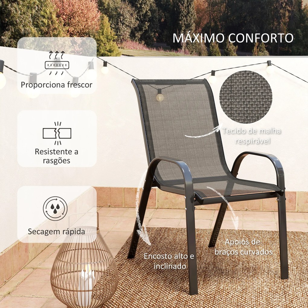 Conjunto de Mesa e Cadeiras de Jardim de 3 Peças Móveis de Jardim com Cadeiras Empilháveis e Bancada de Vidro Preto