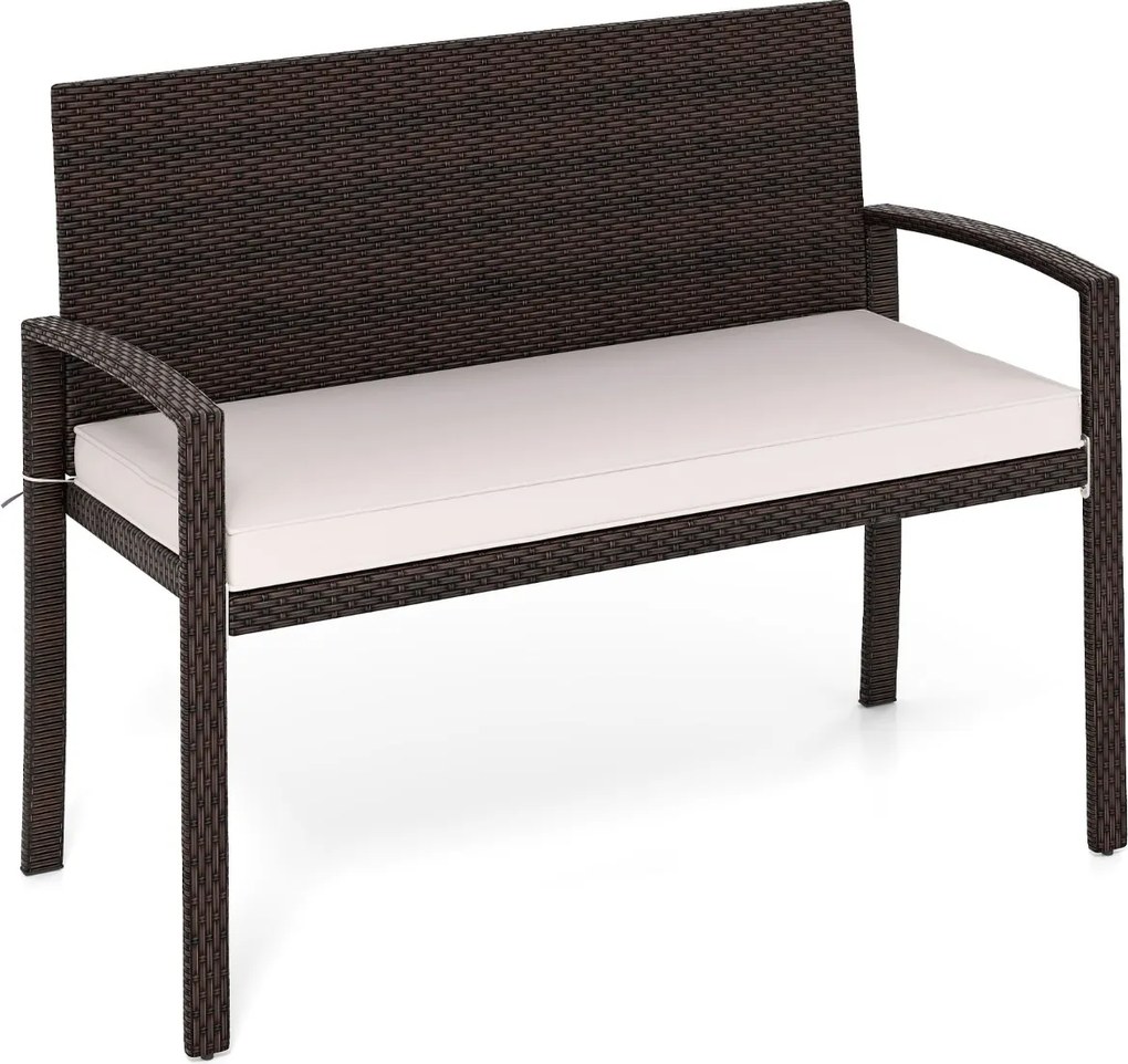 Banco jardim de vime para 2 pessoas 10 x 56 x 84 cm com almofada acolchoada, assento macio, encosto e apoios para os braços - castanho e brancoi