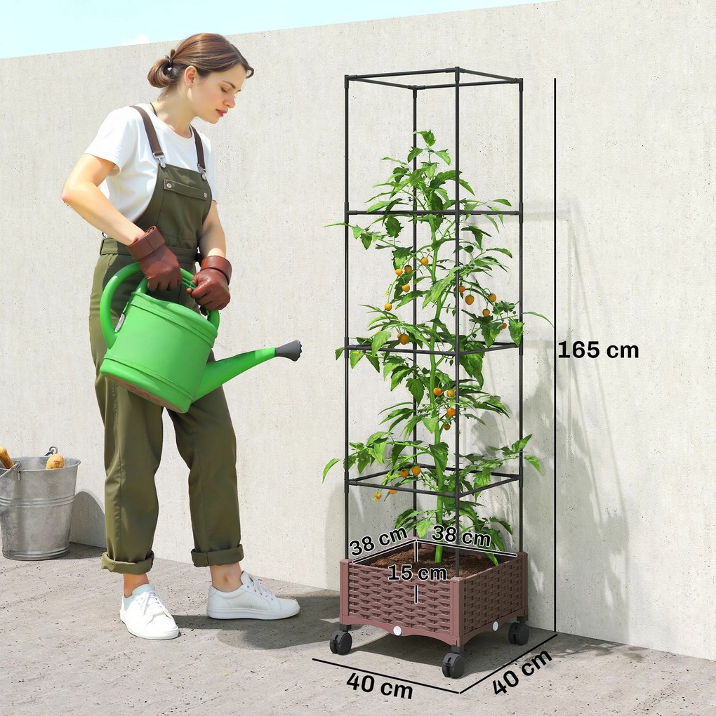 Floreira com Treliça e Rodas com Drenagem para Cultivo de Vegetais Flores e Ervas Aromáticas 40x40x165 cm Castanho
