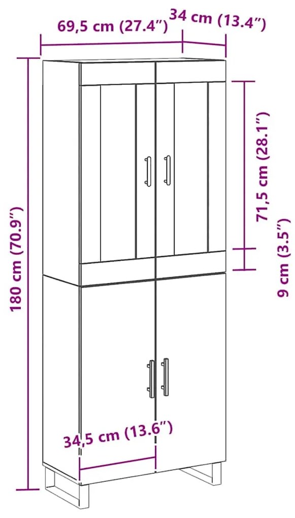 Highboard Carvalho Preto 69.5x34x180 cm Madeira de Engenharia