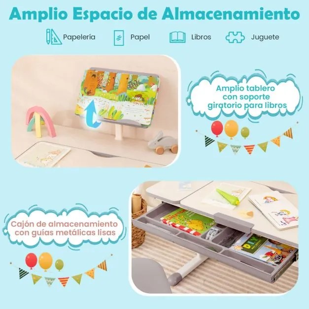 Secretária infantil Mesa de estudo ajustável em altura 80,5 cm x 51,5 cm x 50,5-72,5 cm cinzenta