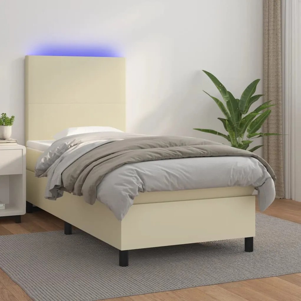 vidaXL Cama box spring c/ colchão/LED 80x200 cm couro artificial creme