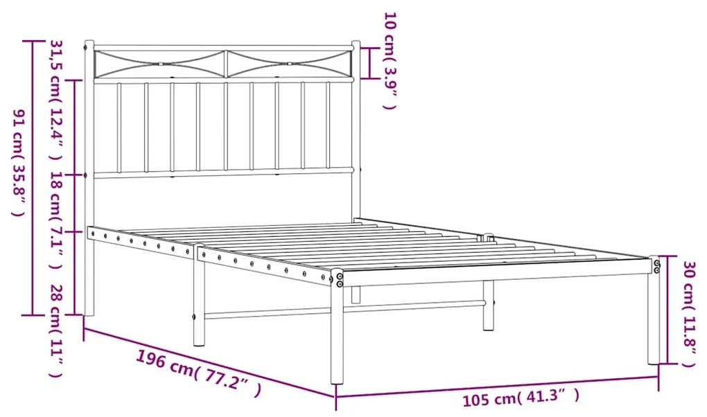 Estrutura de cama com cabeceira 100x190 cm metal branco