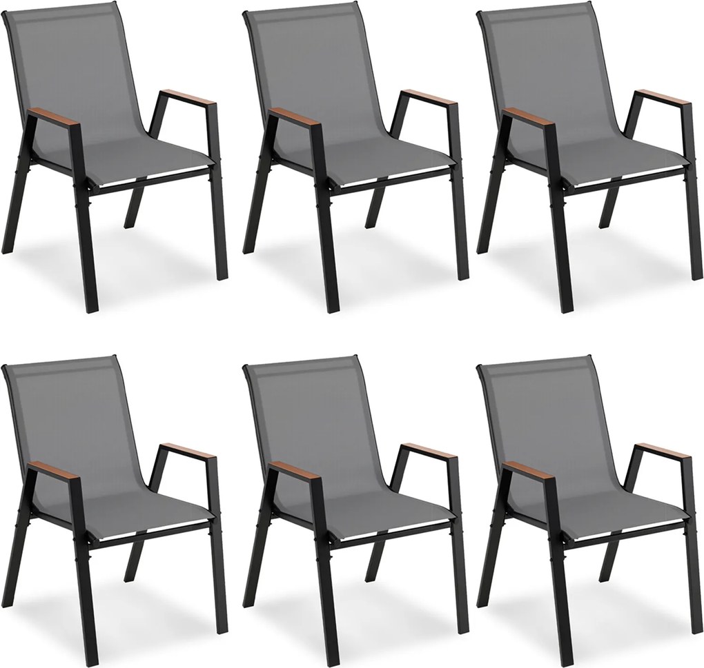 Conjunto de 6 Cadeiras de Jardim Empilháveis (PACOTE SÓ INCLUI 6 CADEIRAS, MESA NÃO INCLUIDA), 56 x 66 x 88 cm, Costas Altas, Cinzento