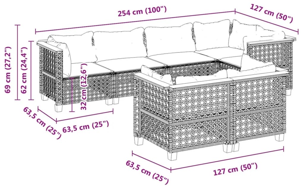 7 pcs conjunto de sofás p/ jardim c/ almofadões vime PE preto