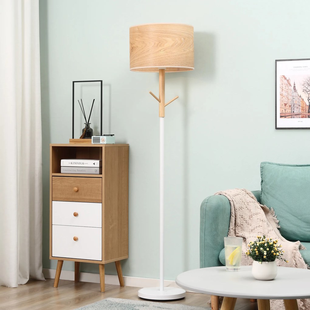 Candeeiro de Pé com Ganchos para Bolsa Chapéus Ecrã de PE Suporte para Lâmpada E27 Máx. 40W e Interruptor de Pé Moderno para Sala de Estar Dormitório Ø38x158cm Natural e Branco
