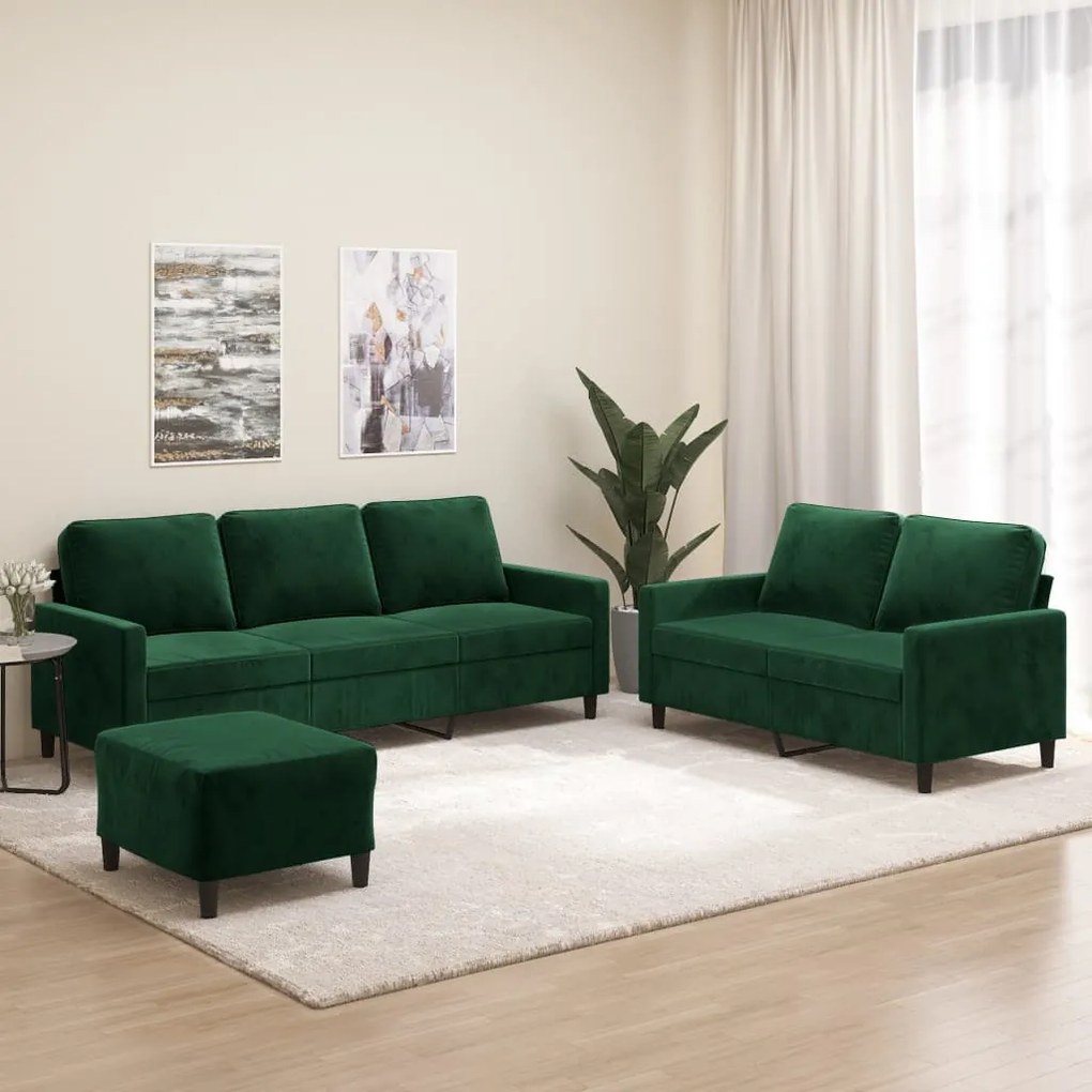 vidaXL 3 pcs conjunto de sofás com almofadões veludo verde-escuro