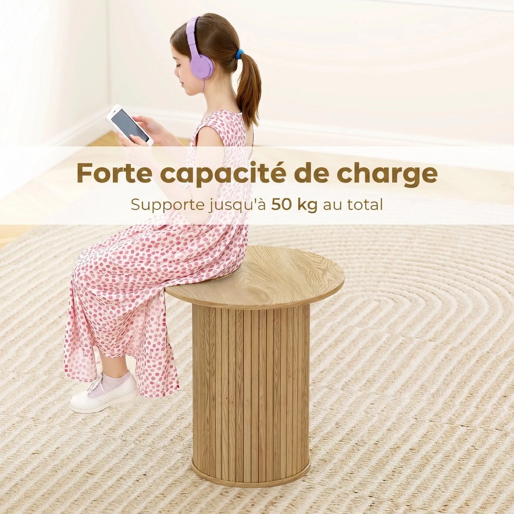 Mesa auxiliar redonda com Ø 48 cm, mesa baixa com pés canelados para a sala de estar, quarto ou espaços pequenos, em carvalho