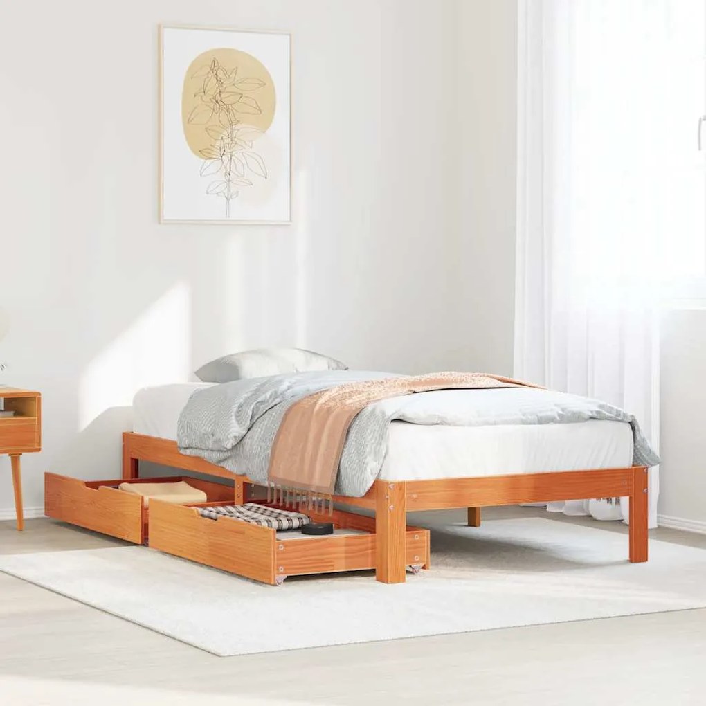 vidaXL Estrutura de cama c/ gavetas 90x190cm pinho maciço castanho-mel