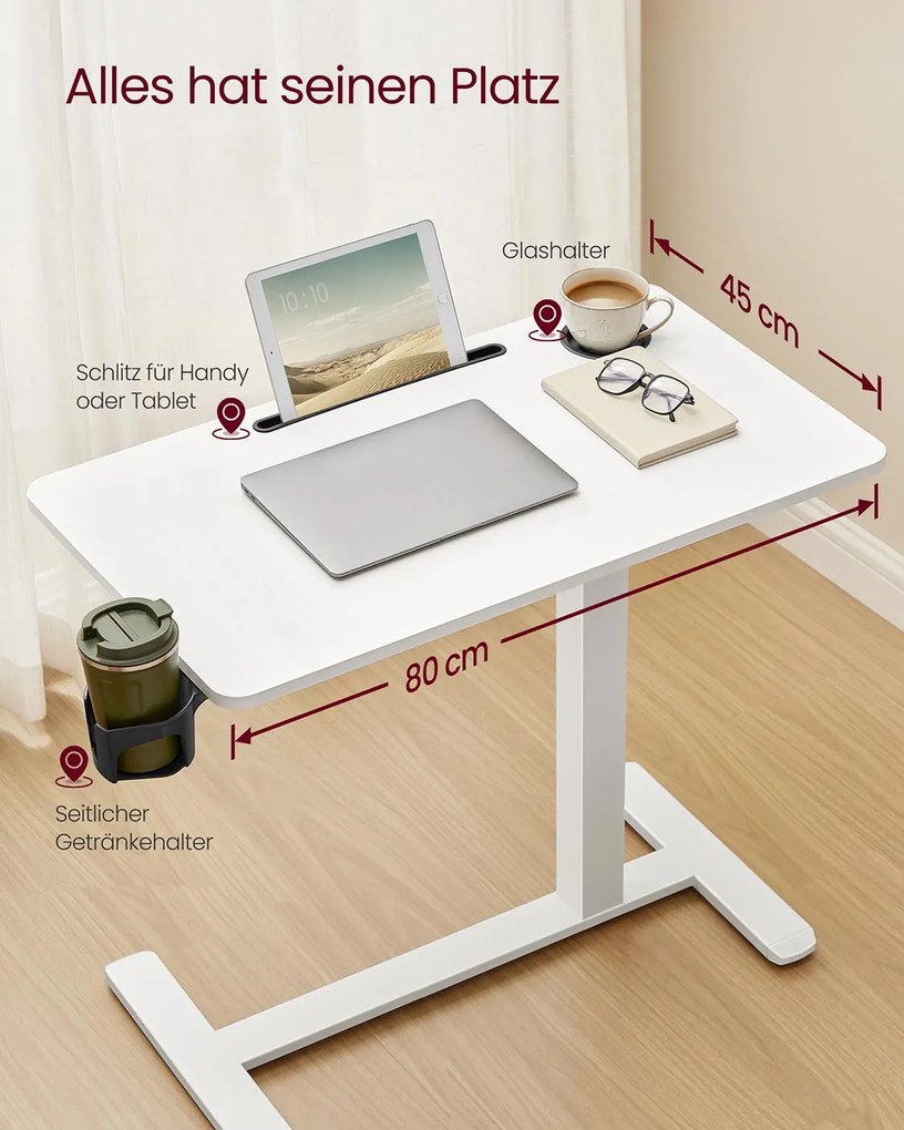 Mesa auxiliar móvel com altura ajustável e rodas 80 x 45 x 65-102 cm Branco
