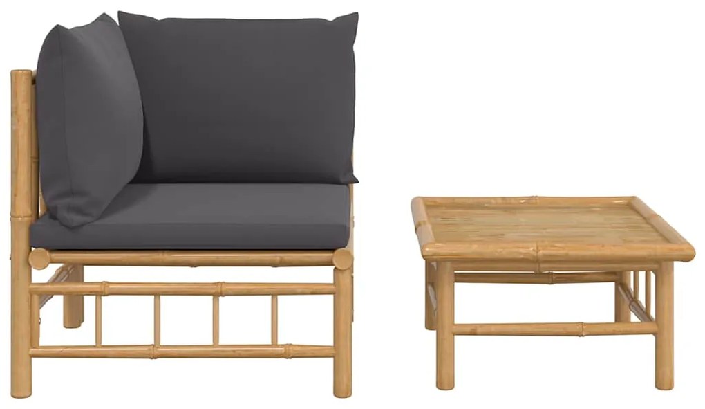 2pcs conj. lounge de jardim bambu c/ almofadões cinzento-escuro