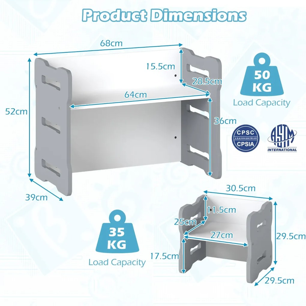 Conjunto de mesa e cadeira para crianças Conjunto de 3 peças para crianças pequenas com 2 bancos e mesa de atividades Cinzento