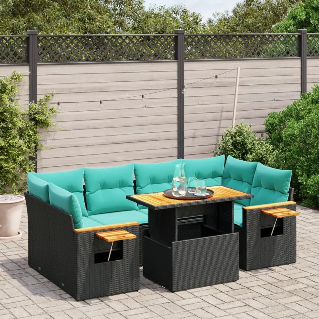 vidaXL 7 pcs conjunto de sofás p/ jardim c/ almofadões vime PE preto