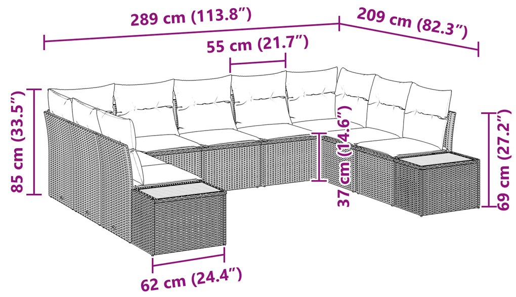 Conjunto de Sofá de Jardim de 9 Peças com Almofadas, Vime Preto e Acác