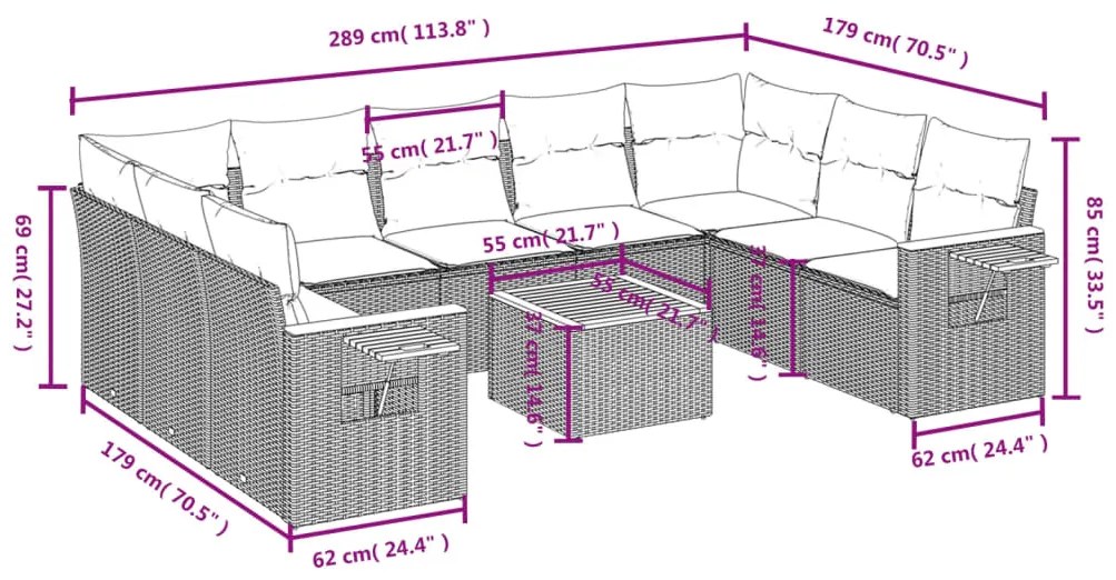 10 pcs conjunto sofás de jardim c/ almofadões vime PE cinzento