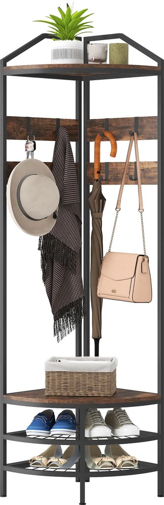 Móvel de entrada de canto 47 L x 47 P x 180 A cm, com 4 níveis, espaço para guardar sapatos, 8 ganchos amovíveis, 2 prateleiras, castanho rústico