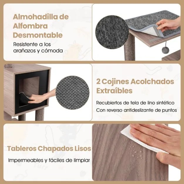 Arranhador para Gatos Interior 60 x 48 x 93 cm Multinível com Poste de Sisal Cinza e Preto