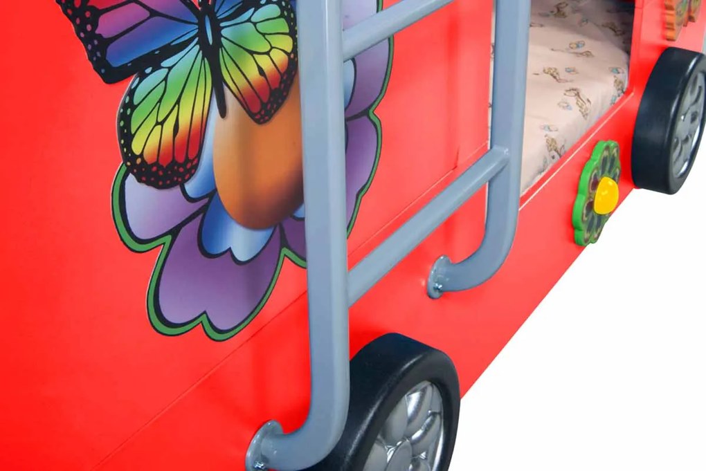Cama para criança Beliche Autocarro 207 x 116 x 150 cm com Luzes LED 2 colchões e estrados incluídos, capacidade de 100 kg Vermelho