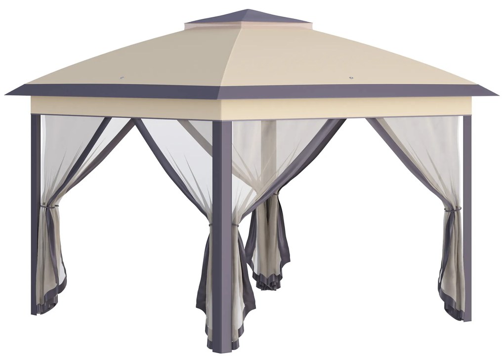 Outsunny Pérgola Dobrável Exterior 3,3x3,3x2,88m com Altura Ajustável Pérgola de Jardim com Duplo Teto 4 Mosquiteiras Removíveis e Bolsa de Transporte para Acampamento Festas Bege