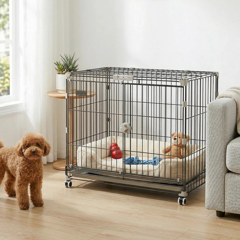 Gaiola dobrável para cães 75,5 x 46 x 64,5 cm, tabuleiro removível, rodas com travões, teto abrível com fecho de segurança, preta