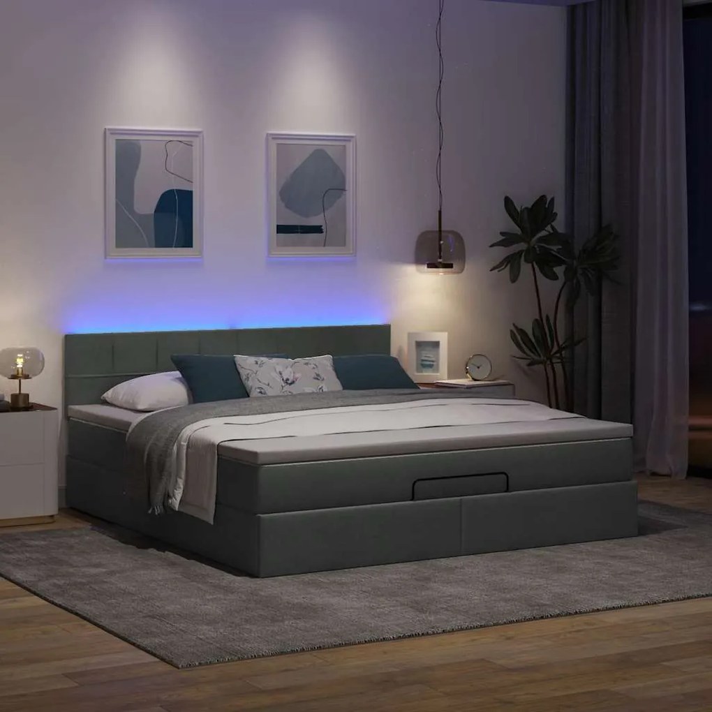 Estrutura de cama otomana com colchão tecido cinzento escuro