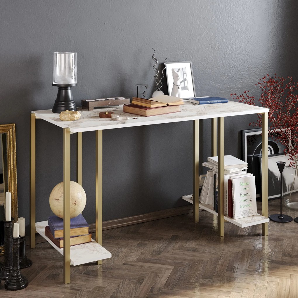Secretária de Estudo Reader - Branco e Dourado - 125x73,8x60 cm