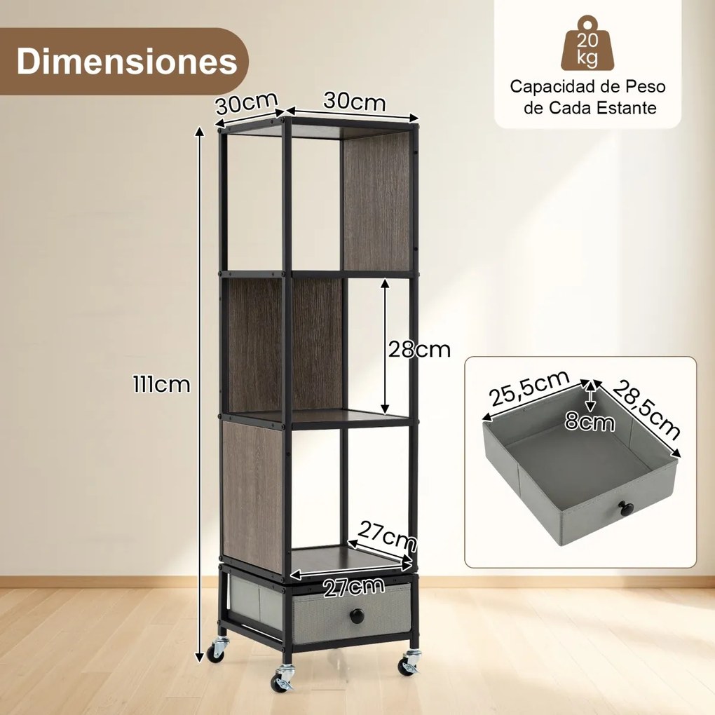 Estante giratória de 4 prateleiras 30 x 30 x 111 cm com rodas de 360°, gaveta estreita removível em tecido e madeira para sala de estar, quarto ou esc