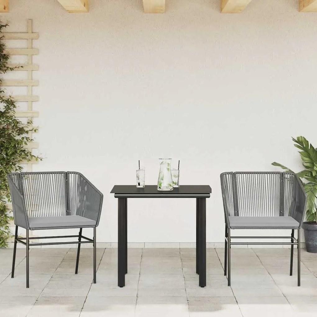 Conjunto jantar jardim 3 peças almofadas vidro vime cinzento PE