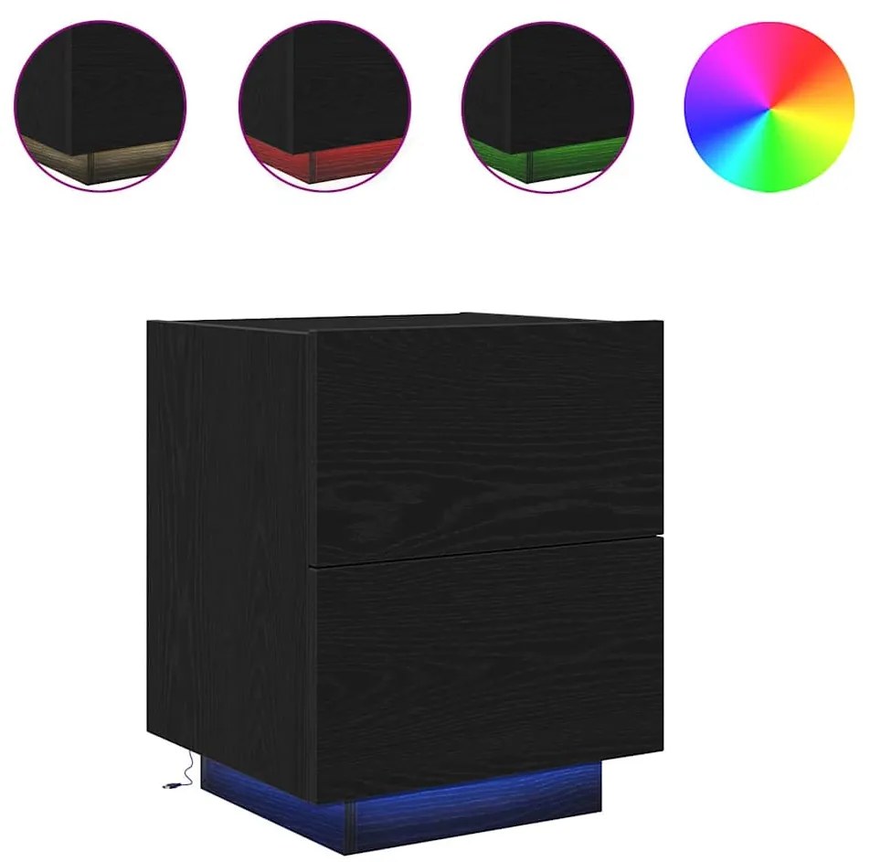Cômodas de Cabeceira com Luzes LED 2 pcs Carvalho Preto 45x40x55 cm