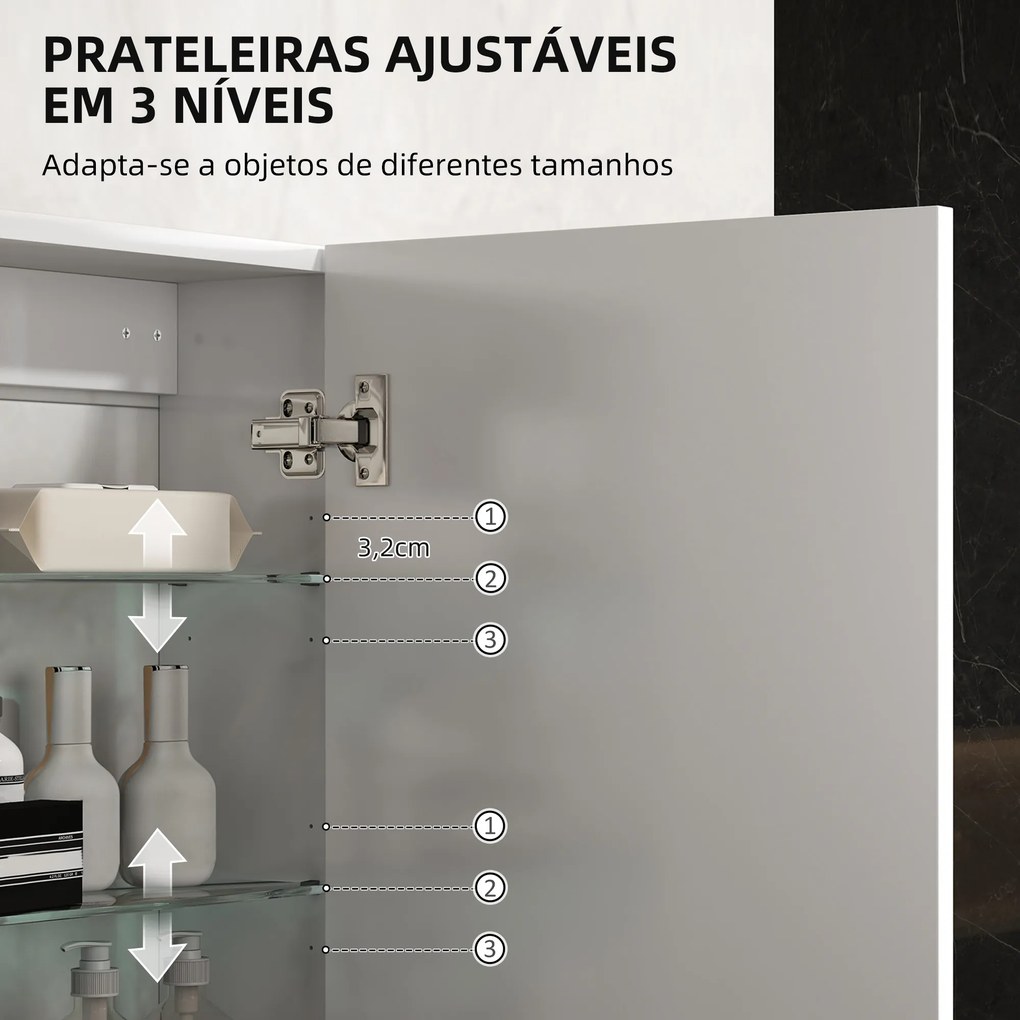 Armário de Casa de Banho Parede com Prateleiras Ajustáveis de Vidro Temperado 40x15x55 cm Branco Brilho