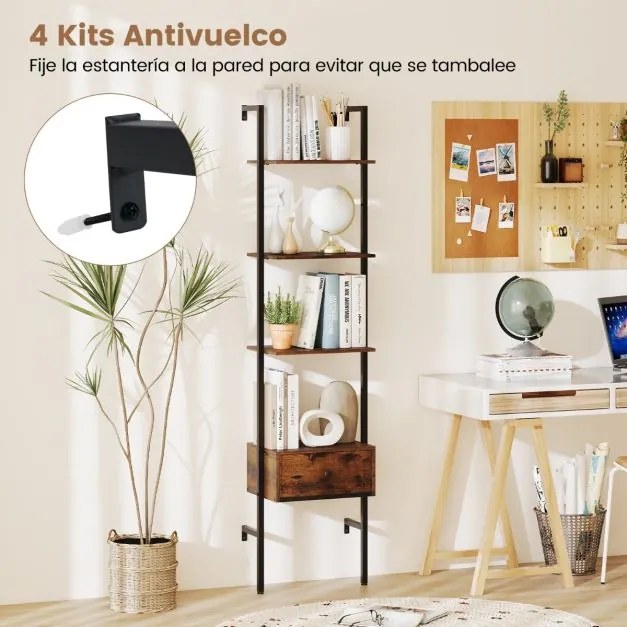 Estante em forma escada de 5 níveis com gaveta de parede alta de 177,5 cm com estrutura metálica Castanho