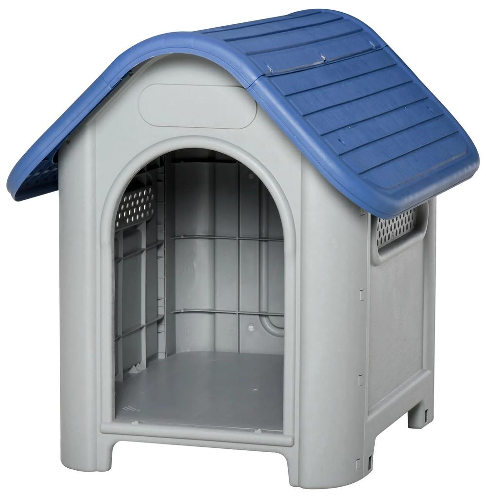 PawHut Casa para cães pequenos com respiradouros resistente para uso interno e externo 59x75x66 cm Azul e cinza | Aosom Portugal