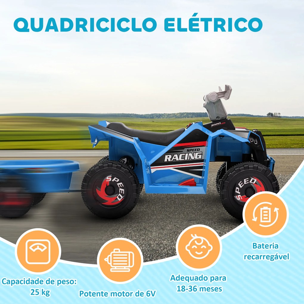 Moto 4 Elétrica para Crianças com Reboque Bateria 6V de 18-36 Meses com Velocidade 2,5 km/h 106x41,5x48,5 cm Azul