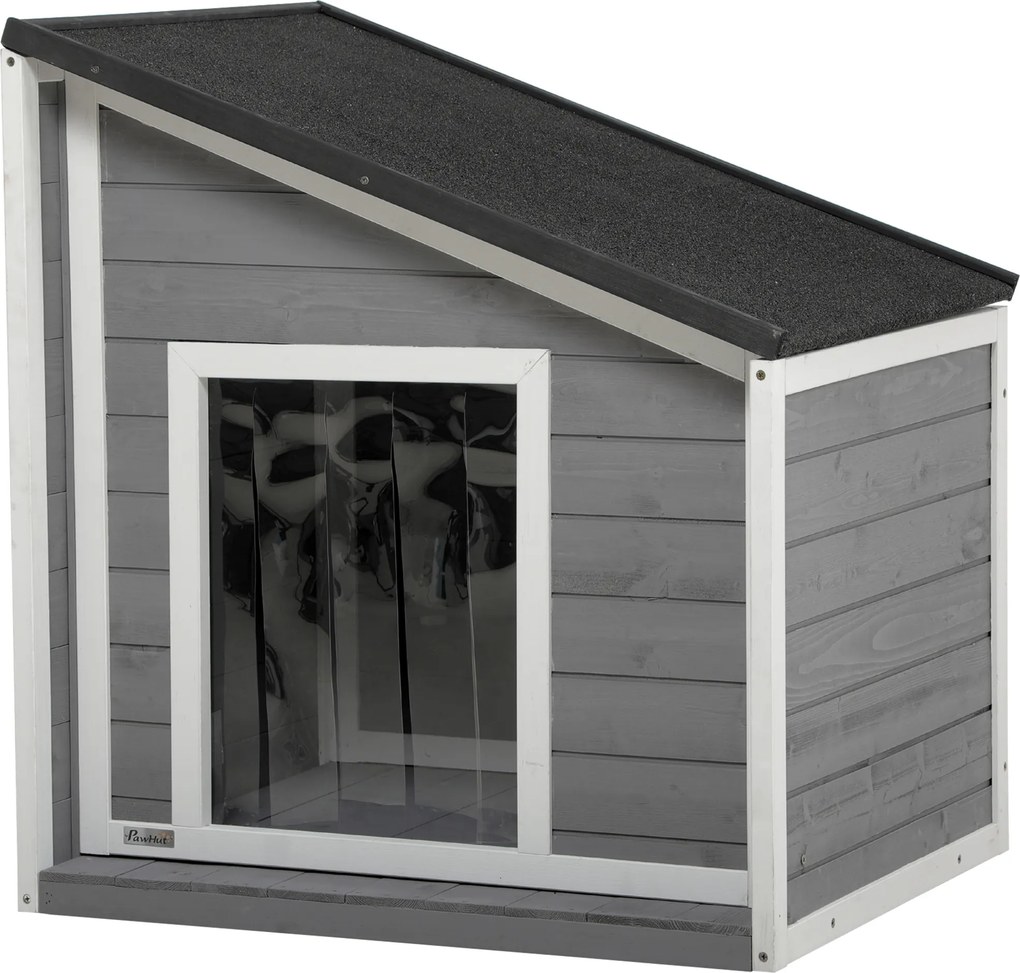 PawHut Casinha em madeira maciça, resistente às intempéries, telhado de betume, 71 cm x 58 cm x 77 cm, Cinza + Branco | Aosom Portugal