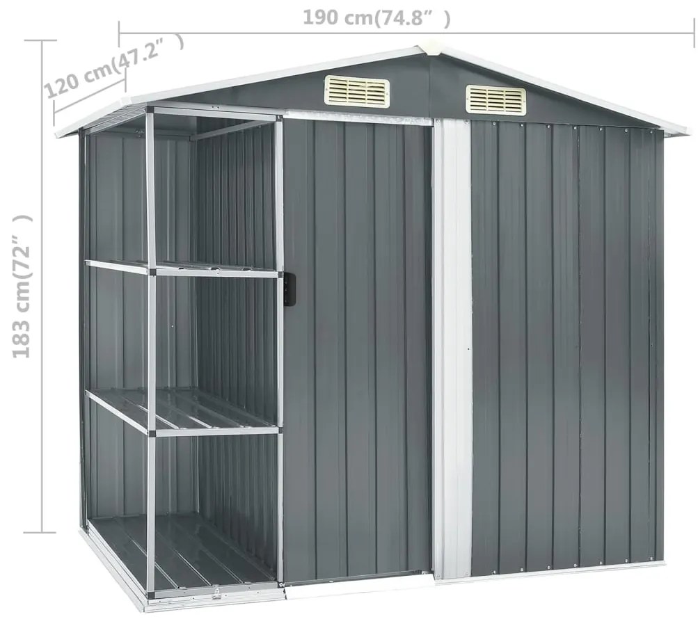 Abrigo de jardim c/ prateleiras 205x130x183 cm ferro cinzento