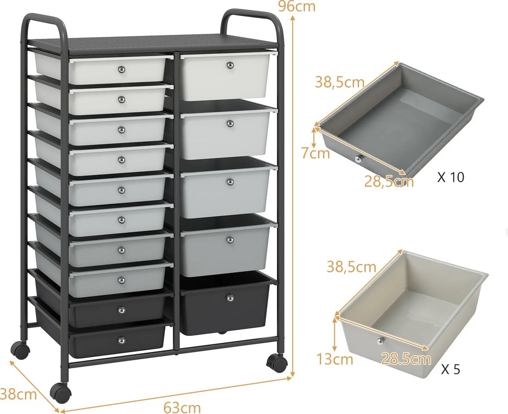 Carrinho de Armazenamento com 15 Gavetas, 63 x 38 x 96 cm, Rodas com Travão, Preto