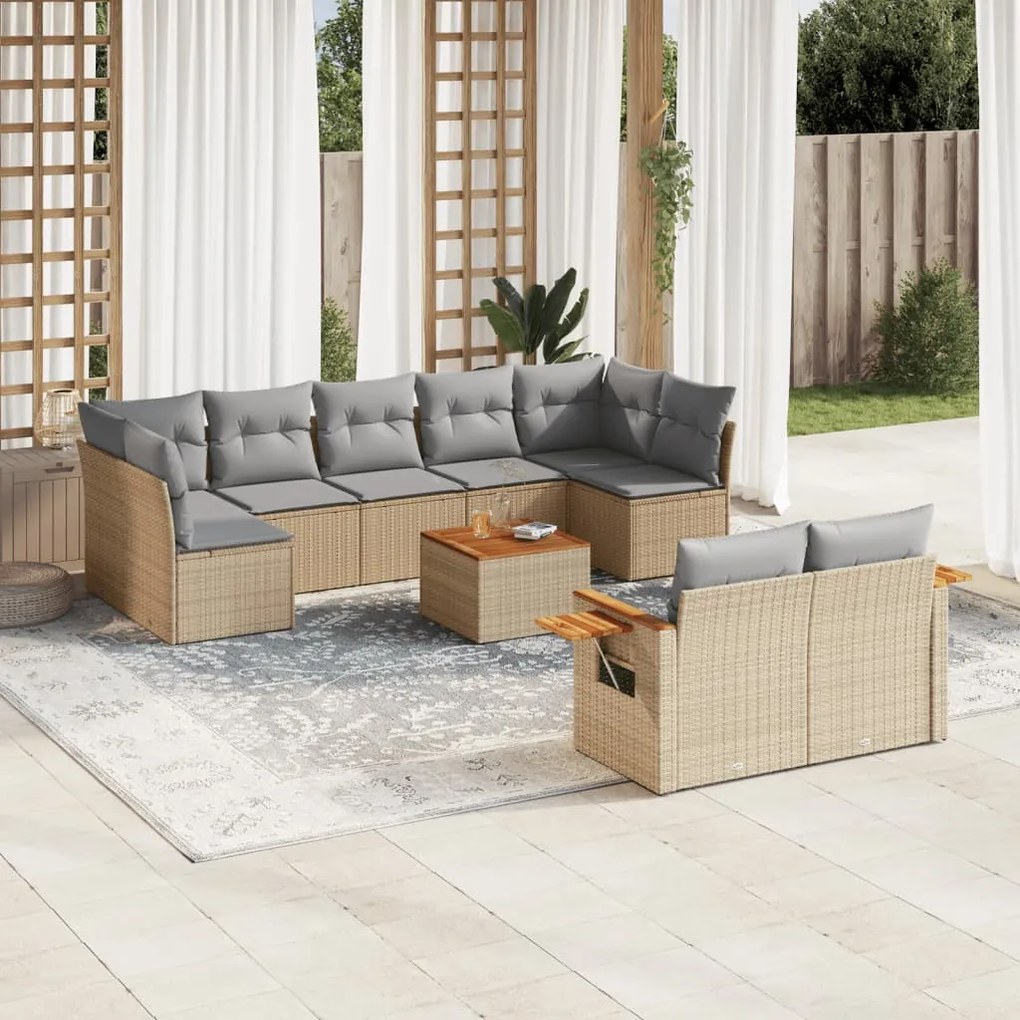 10 pcs conjunto de sofás p/ jardim com almofadões vime PE bege
