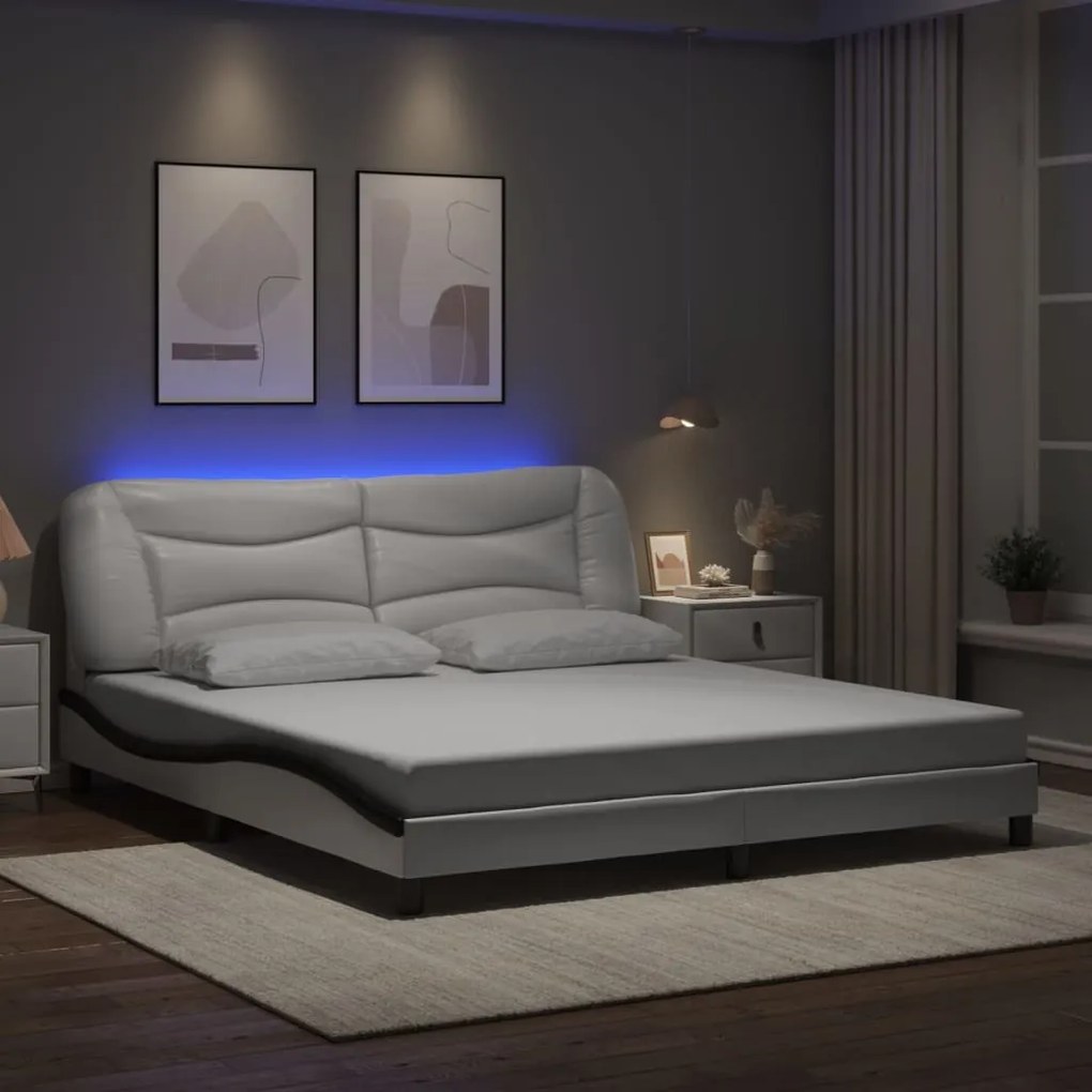Estrutura cama c/ luzes LED 180x200cm couro artif. branco/preto