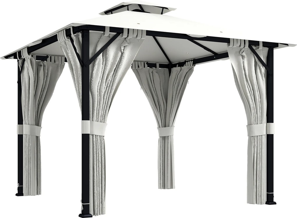 Outsunny Pavilhão de Jardim Exterior 3x3 m Pavilhão de Jardim Teto Duplo Cortinas Ganchos de Teto Estrutura Metálica Creme | Aosom Portugal