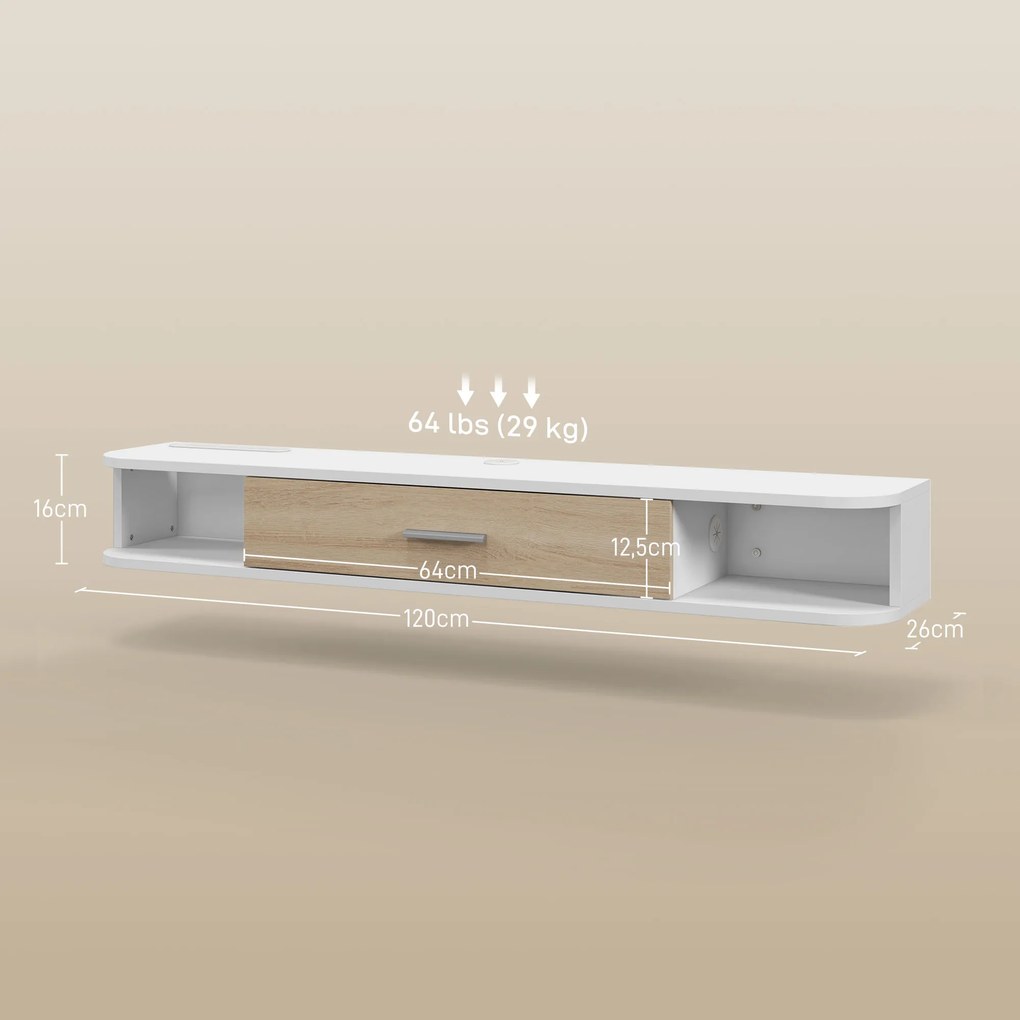 Móvel de TV de parede 120 L x 26 P x 16 A cm, para ecrãs até 50 polegadas, com compartimentos abertos e armário com porta rebatível, branco