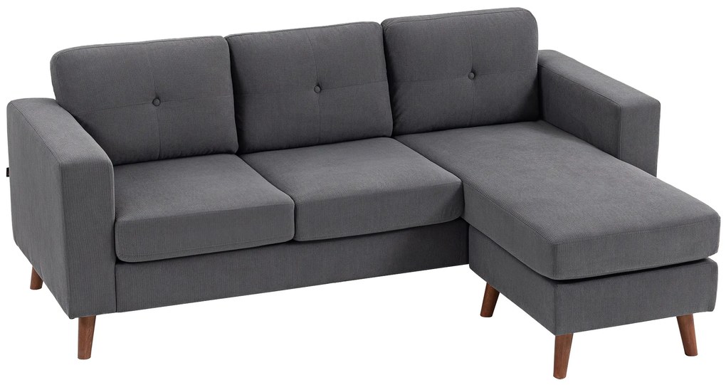 HOMCOM Sofá Chaise Longue Reversível Sofá de Canto em Forma de L de 3 Lugares Estofado em Veludo Cotelê 192x137x84 cm Cinzento Escuro | Aosom Portugal