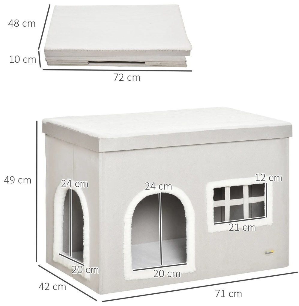 Casa Dobrável para Gatos Caverna para Gatos com Almofadas de Pelúcia Suave Tampa Removível 2 Entradas e Janela 71x42x49cm Cinza Claro