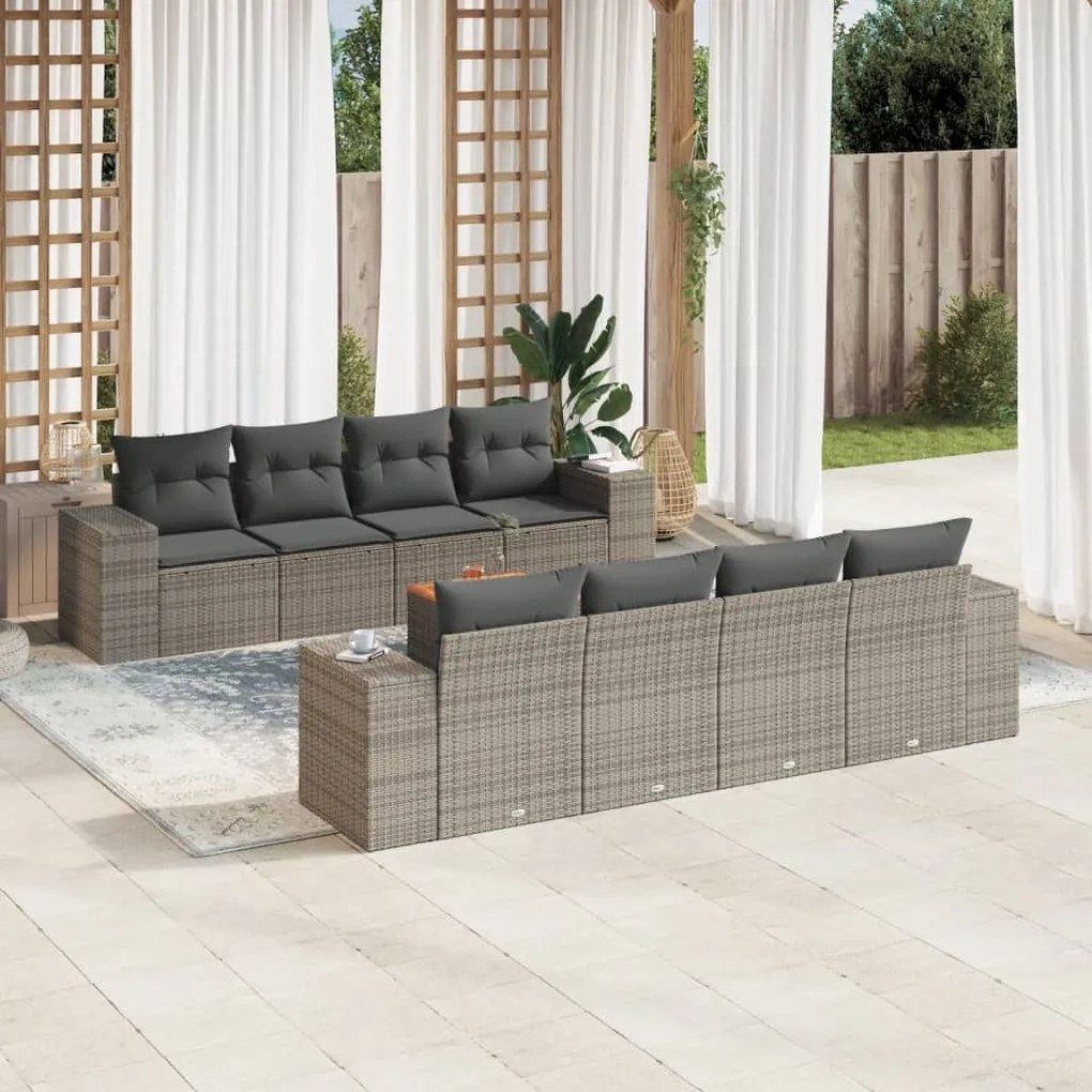 vidaXL 9 pcs conjunto sofás p/ jardim com almofadões vime PE cinzento