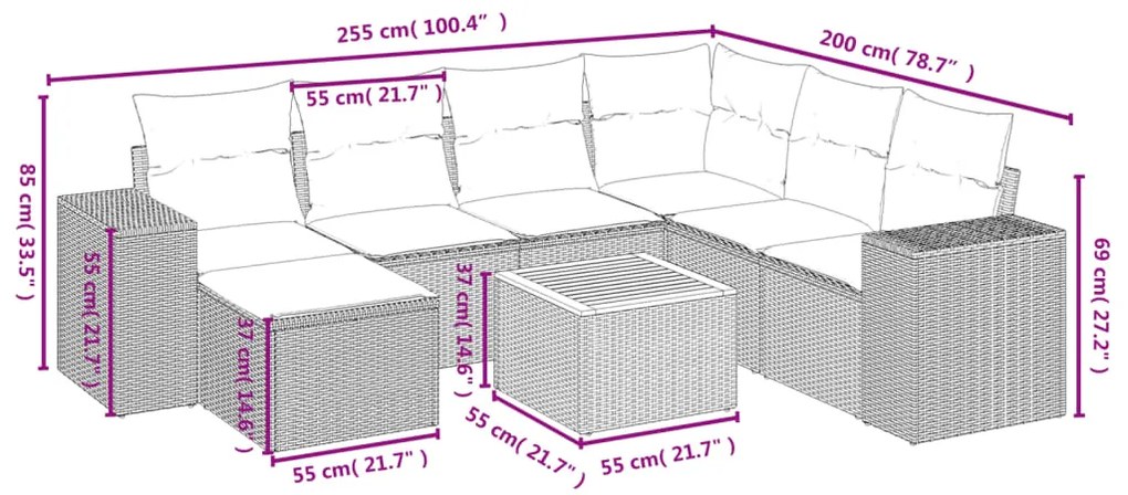 8 pcs conjunto de sofás p/ jardim com almofadões vime PE bege