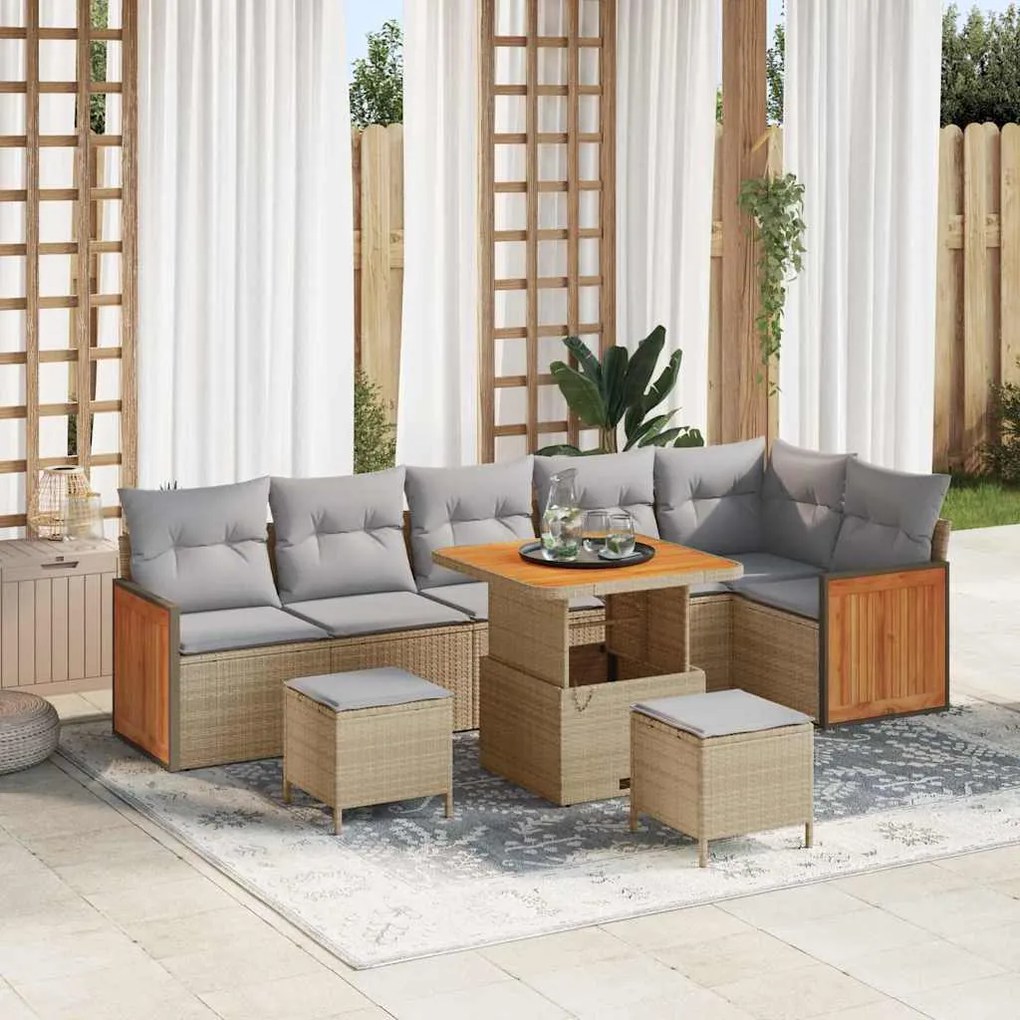 vidaXL Conjunte 9 Peças de Sofá de Jardim com Almofadas em Rattan Poliéster Bege e Acácia