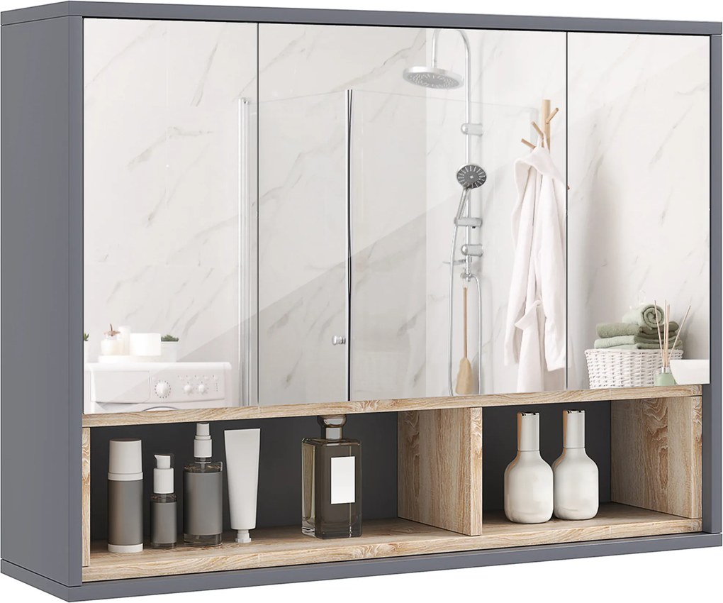 Móvel de casa de banho parede com espelho 80 x 20 x 60 cm, com 3 portas e 8 compartimentos, cinzento