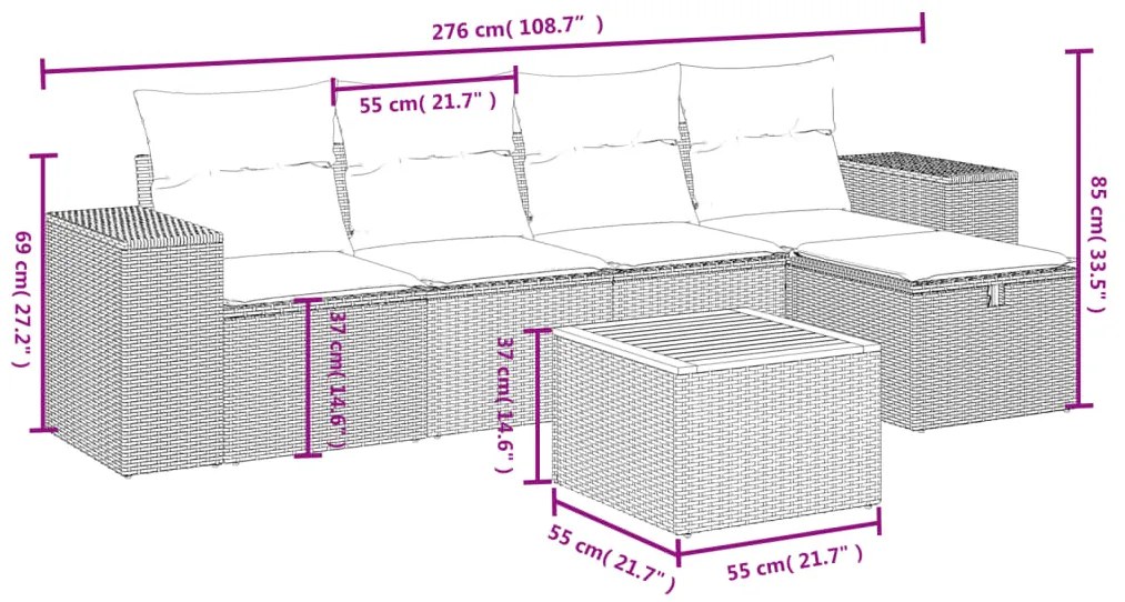 6 pcs conjunto sofás de jardim c/ almofadões vime PE preto