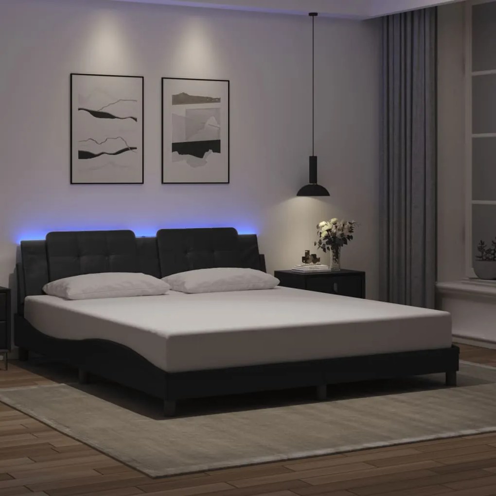 Estrutura de cama c/ luzes LED 180x200cm couro artificial preto