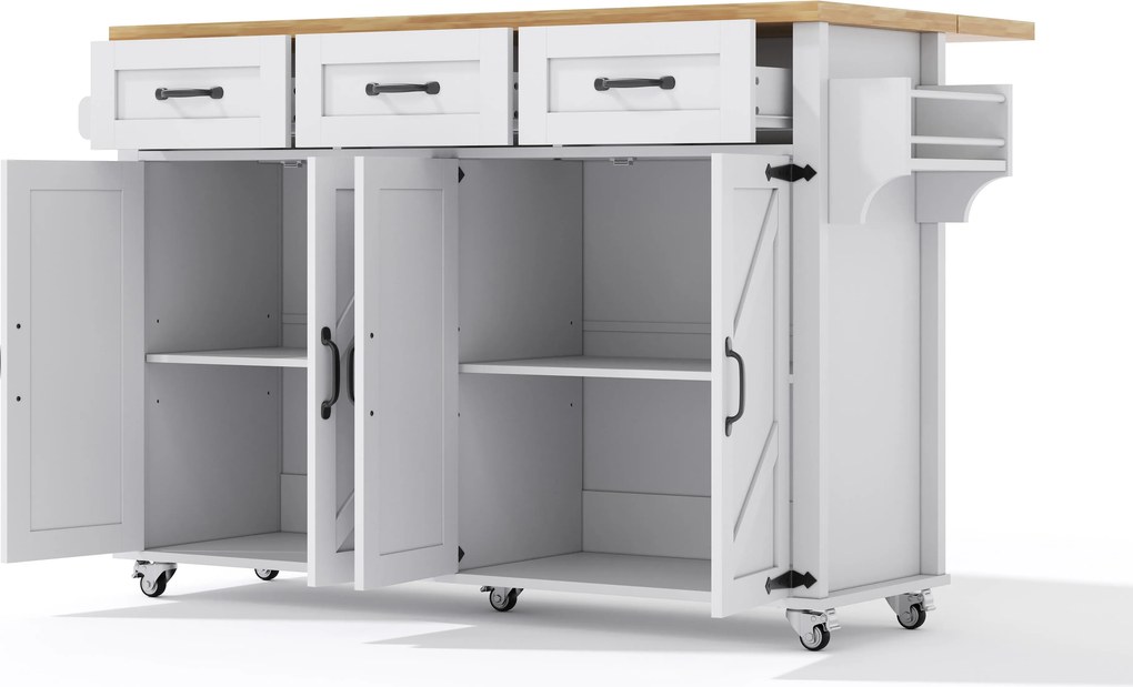 Ilha de cozinha com bancada rebatível, 4 portas, 3 gavetas, suportes duplos para toalhas, design estilo celeiro, 140x43/70x90,5 cm, Branco+Cor natural| AOSOM Portugal